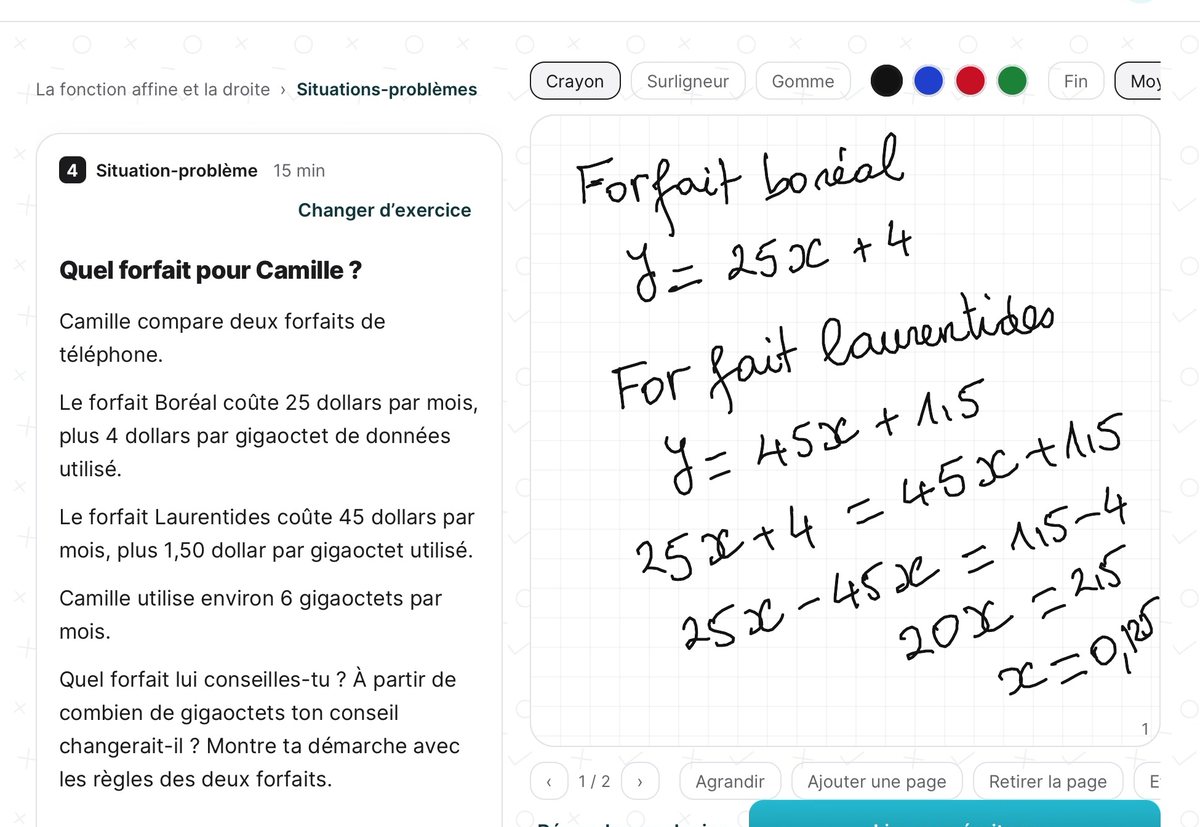 L'élève pose les règles des deux forfaits au stylet, puis résout l'équation.