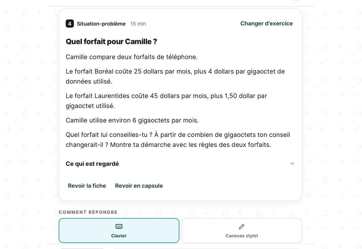 Situation-problème de mathématiques dans Silex : quel forfait de téléphone conseiller à Camille ?