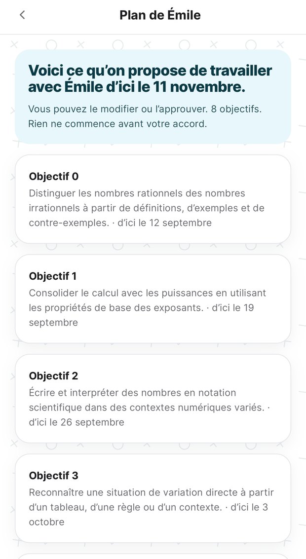 Le plan d'apprentissage proposé au parent, objectif par objectif.