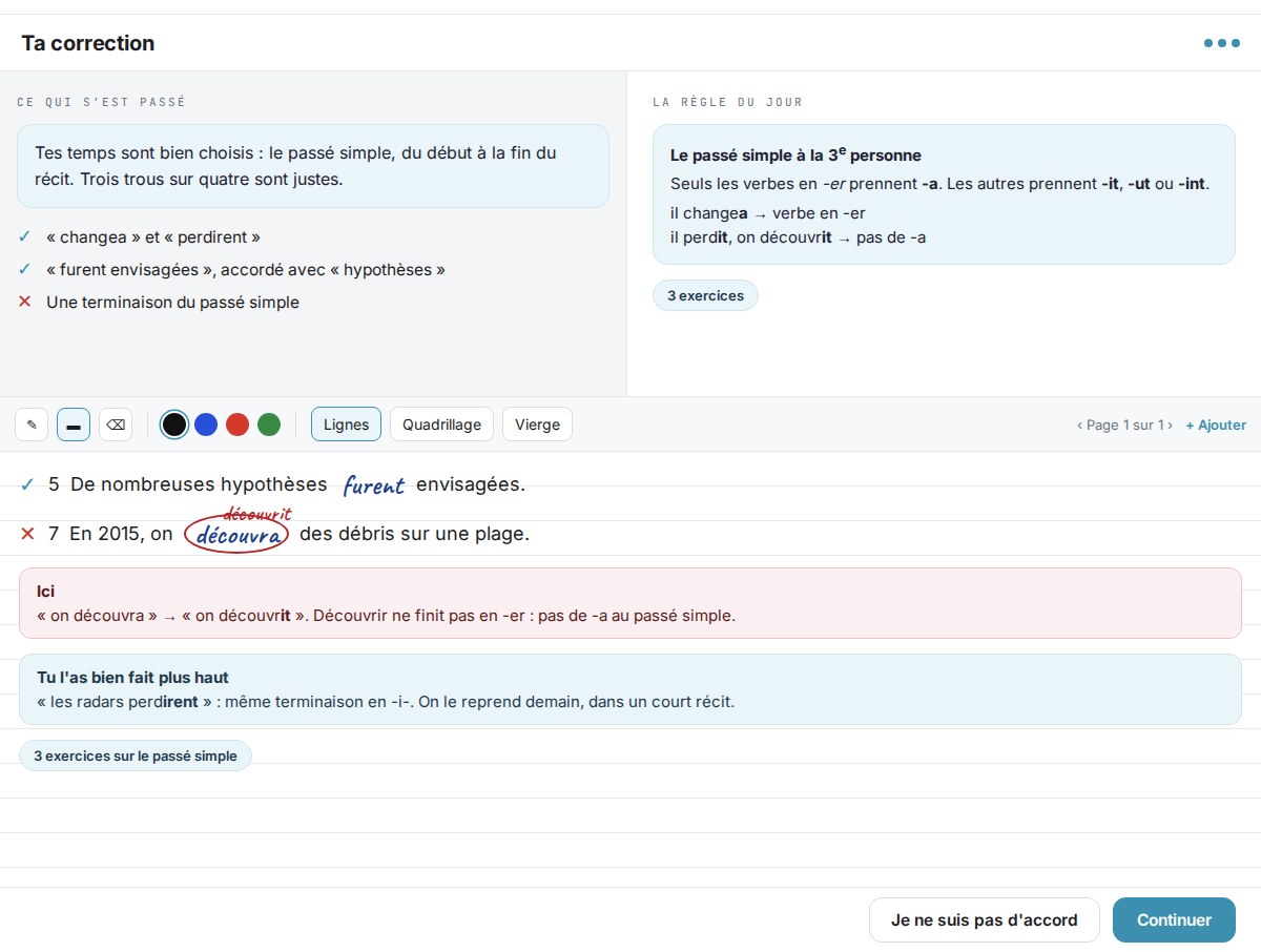 Écran de correction en français : trois trous justes, une terminaison du passé simple à revoir et la règle du jour.